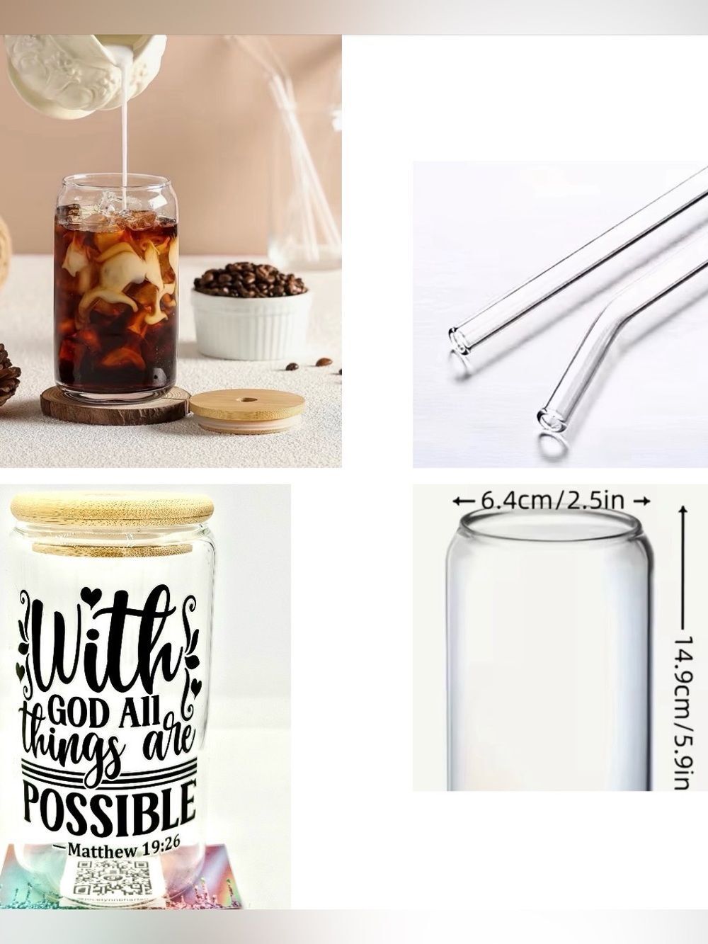 NWT WITH GOD ALL THINGS ARE POSSIBLE GLASS DRINK CONTAINER OTHER LISTINGS AVAIL